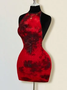 SHEIN ICON Tie-Neck Bodycon Backless Tie-Dye Mini Dress ,Summer Dress - Burgundy - View 3
