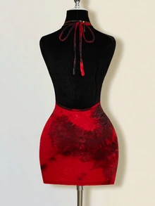 SHEIN ICON Tie-Neck Bodycon Backless Tie-Dye Mini Dress ,Summer Dress - Burgundy - View 2