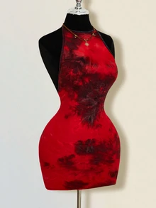 SHEIN ICON Tie-Neck Bodycon Backless Tie-Dye Mini Dress ,Summer Dress - Burgundy - View 5