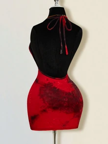 SHEIN ICON Tie-Neck Bodycon Backless Tie-Dye Mini Dress ,Summer Dress - Burgundy - View 8
