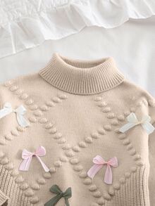 SHEIN Vintaside Kids 女童休閒時尚可愛藍色花卉蝴蝶結尖擺高領針織毛衣＋針織寬腿褲 2件套 - 杏色 - 查看 7