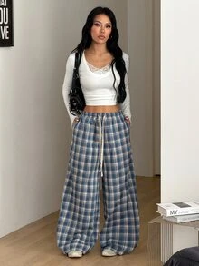 Coolane 藍色格紋休閒直筒長褲，女款秋季外出街頭風日常穿著基礎運動休閒波希米亞度假褲 - 藍色 - 查看 5