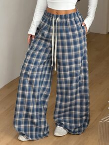 Coolane 藍色格紋休閒直筒長褲，女款秋季外出街頭風日常穿著基礎運動休閒波希米亞度假褲 - 藍色 - 查看 2