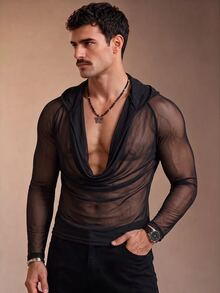 ZURIURI Men's Cowl Neck Hooded Casual Sheer T-Shirt - Black - View 4