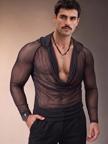 ZURIURI Men's Cowl Neck Hooded Casual Sheer T-Shirt - Black - View 8
