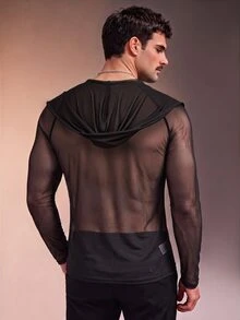 ZURIURI Men's Cowl Neck Hooded Casual Sheer T-Shirt - Black - View 2