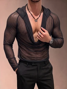 ZURIURI Men's Cowl Neck Hooded Casual Sheer T-Shirt - Black - View 3