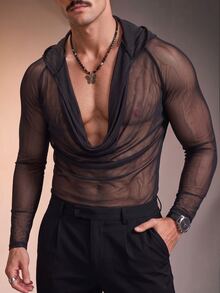 ZURIURI Men's Cowl Neck Hooded Casual Sheer T-Shirt - Black - View 5