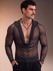 ZURIURI Men's Cowl Neck Hooded Casual Sheer T-Shirt - Black - View 7