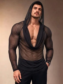 ZURIURI Men's Cowl Neck Hooded Casual Sheer T-Shirt - Black - View 1