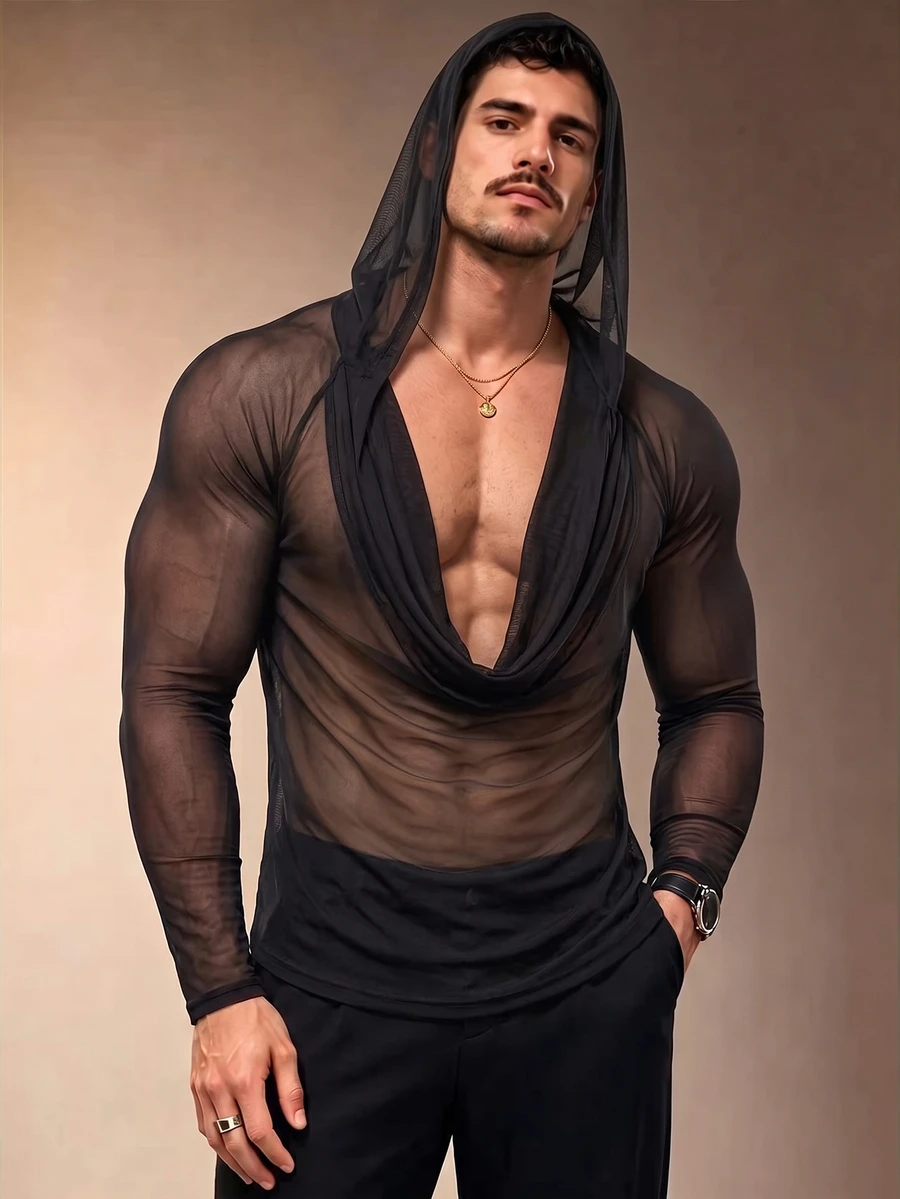 ZURIURI Men's Cowl Neck Hooded Casual Sheer T-Shirt - Black - View 1