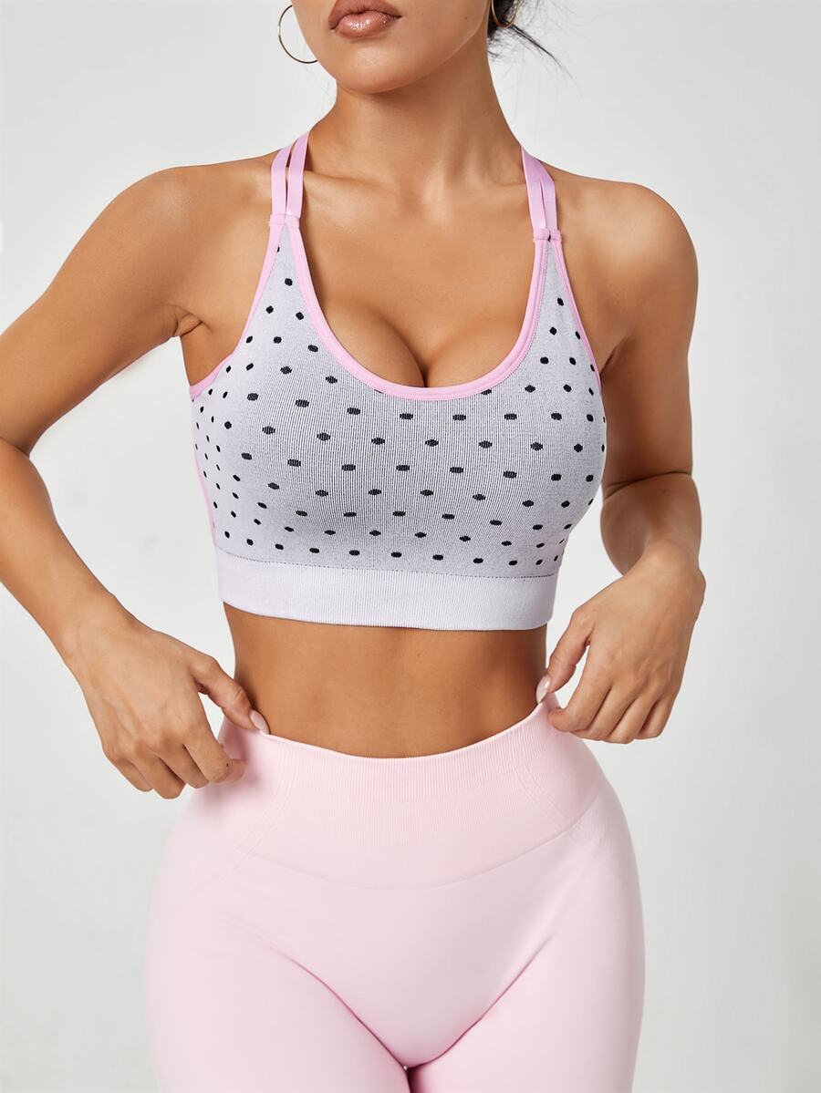 Sovereign Charm Sovereign Charm 1pc Seamless High Elastic Classic Polka Dot Contrast Color Spaghetti Strap Criss-Cross Hollow Design Women's Sports Bra, Fashionable Versatile Back Design - White - View 1