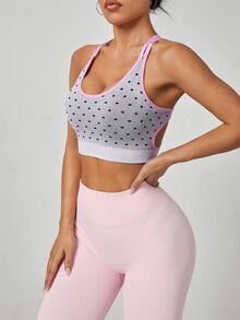 Sovereign Charm Sovereign Charm 1pc Seamless High Elastic Classic Polka Dot Contrast Color Spaghetti Strap Criss-Cross Hollow Design Women's Sports Bra, Fashionable Versatile Back Design - White - View 4