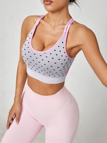 Sovereign Charm Sovereign Charm 1pc Seamless High Elastic Classic Polka Dot Contrast Color Spaghetti Strap Criss-Cross Hollow Design Women's Sports Bra, Fashionable Versatile Back Design - White - View 3