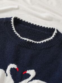 SHEIN Teen Girl Fashion Casual Versatile Animal Pattern Sweater - Navy Blue - View 3