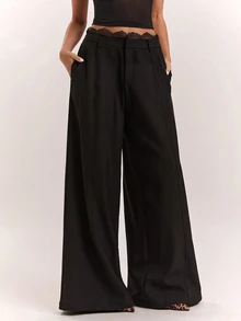SHEIN BAE Women's Solid Color Pleated Pocket Wide Leg Loose Fit Suit Pants - Black - View 5