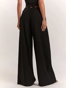 SHEIN BAE Women's Solid Color Pleated Pocket Wide Leg Loose Fit Suit Pants - Black - View 2