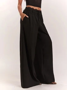 SHEIN BAE Women's Solid Color Pleated Pocket Wide Leg Loose Fit Suit Pants - Black - View 6