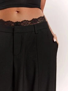 SHEIN BAE Women's Solid Color Pleated Pocket Wide Leg Loose Fit Suit Pants - Black - View 7