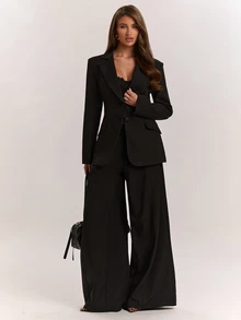 SHEIN BAE Women's Solid Color Pleated Pocket Wide Leg Loose Fit Suit Pants - Black - View 4