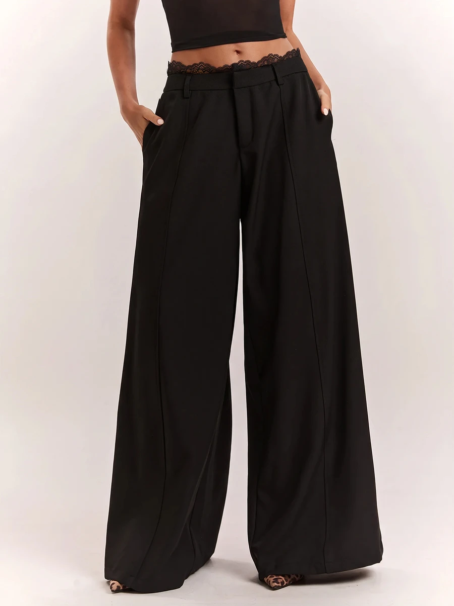 SHEIN BAE Women's Solid Color Pleated Pocket Wide Leg Loose Fit Suit Pants - Black - View 1