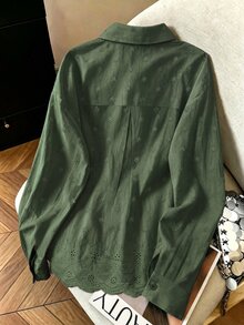Franclia 時尚四季休閒百搭純色刺繡可追溯純棉面料寬鬆女款襯衫 - 軍綠色 - 查看 2