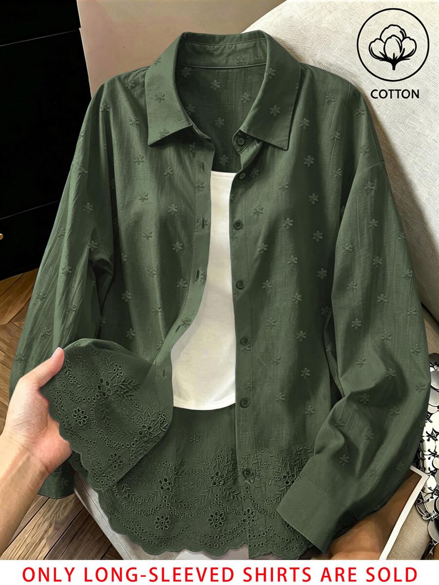 Franclia 時尚四季休閒百搭純色刺繡可追溯純棉面料寬鬆女款襯衫 - 軍綠色 - 查看 1