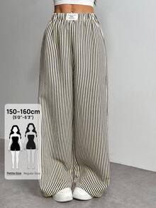 SHEIN PETITE PETITE 女款字母與條紋寬腿寬鬆休閒長褲，適合嬌小女性 - 深灰色 - 查看 1
