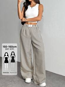SHEIN PETITE PETITE 女款字母與條紋寬腿寬鬆休閒長褲，適合嬌小女性 - 深灰色 - 查看 5