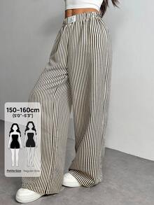 SHEIN PETITE PETITE 女款字母與條紋寬腿寬鬆休閒長褲，適合嬌小女性 - 深灰色 - 查看 7