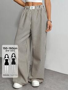 SHEIN PETITE PETITE 女款字母與條紋寬腿寬鬆休閒長褲，適合嬌小女性 - 深灰色 - 查看 3