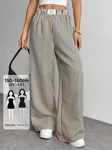 SHEIN PETITE PETITE 女款字母與條紋寬腿寬鬆休閒長褲，適合嬌小女性 - 深灰色 - 查看 6
