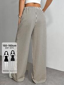 SHEIN PETITE PETITE 女款字母與條紋寬腿寬鬆休閒長褲，適合嬌小女性 - 深灰色 - 查看 2