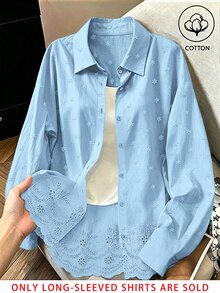 Franclia 時尚四季休閒百搭純色刺繡可追溯純棉寬鬆女款襯衫 - 藍色 - 查看 1