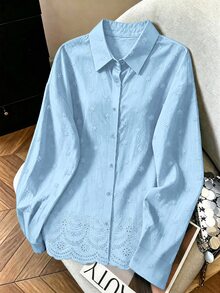Franclia 時尚四季休閒百搭純色刺繡可追溯純棉寬鬆女款襯衫 - 藍色 - 查看 3