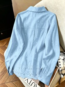 Franclia 時尚四季休閒百搭純色刺繡可追溯純棉寬鬆女款襯衫 - 藍色 - 查看 2