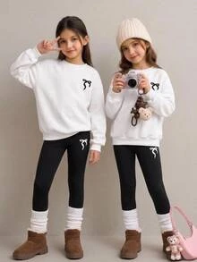 Girlism 青少年女孩連帽衛衣套裝，運動圓領黑白運動風長袖緊身褲 2件組，校園休閒，秋冬服飾 - 黑與白 - 查看 4