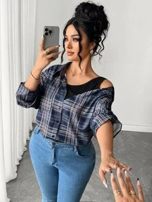 Elenzga Plus Size Navy Blue Plaid 2 In 1 Cold Shoulder Blouse, Asymmetrical Slimming Versatile Commuter Casual Traditional Top For Autumn Formal Vacation Fall - Navy Blue - View 9