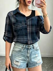 Elenzga Plus Size Navy Blue Plaid 2 In 1 Cold Shoulder Blouse, Asymmetrical Slimming Versatile Commuter Casual Traditional Top For Autumn Formal Vacation Fall - Navy Blue - View 8