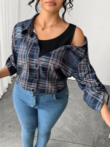 Elenzga Plus Size Navy Blue Plaid 2 In 1 Cold Shoulder Blouse, Asymmetrical Slimming Versatile Commuter Casual Traditional Top For Autumn Formal Vacation Fall - Navy Blue - View 3