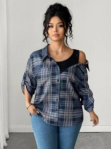 Elenzga Plus Size Navy Blue Plaid 2 In 1 Cold Shoulder Blouse, Asymmetrical Slimming Versatile Commuter Casual Traditional Top For Autumn Formal Vacation Fall - Navy Blue - View 5