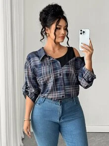 Elenzga Plus Size Navy Blue Plaid 2 In 1 Cold Shoulder Blouse, Asymmetrical Slimming Versatile Commuter Casual Traditional Top For Autumn Formal Vacation Fall - Navy Blue - View 6