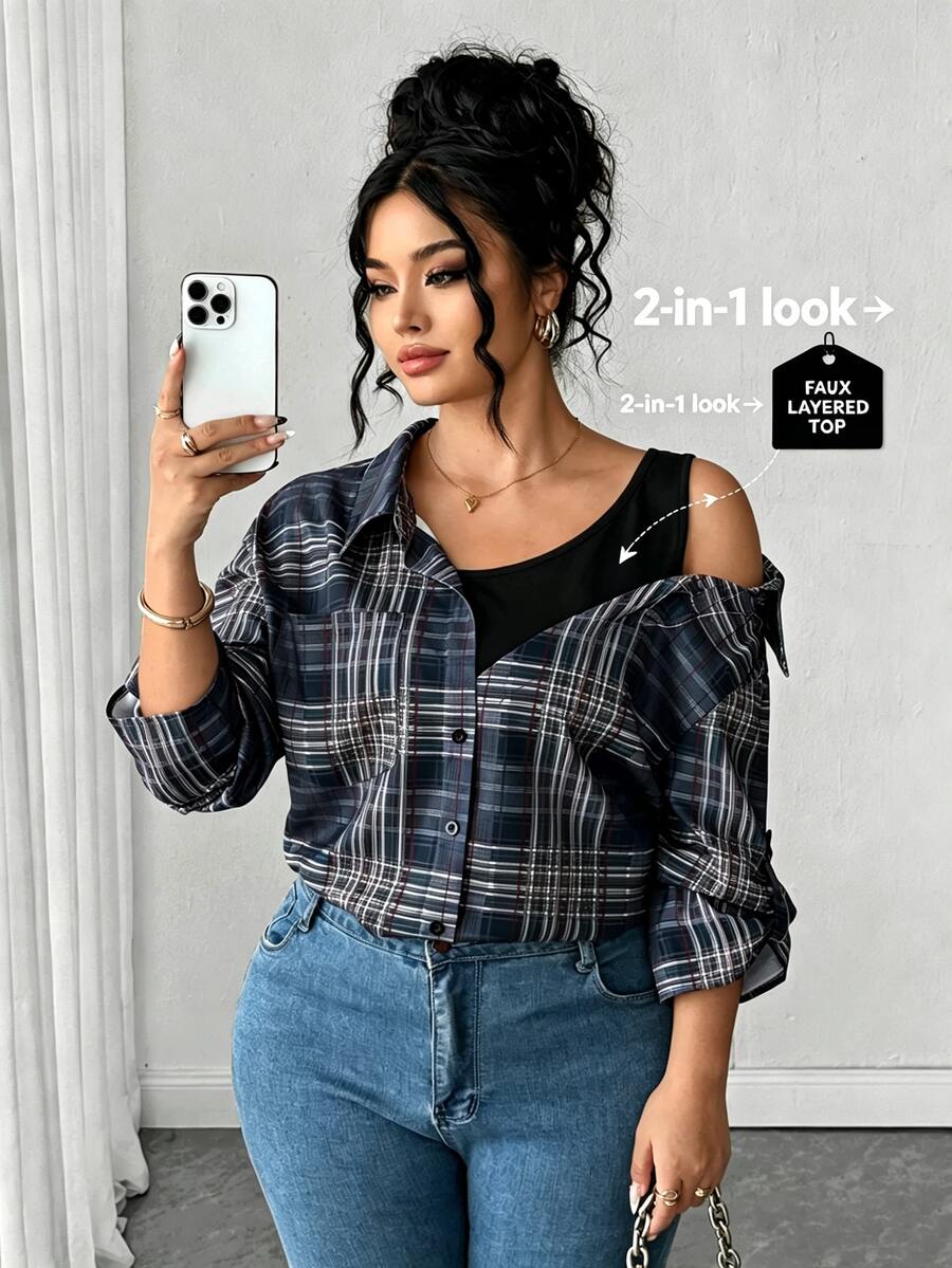 Elenzga Plus Size Navy Blue Plaid 2 In 1 Cold Shoulder Blouse, Asymmetrical Slimming Versatile Commuter Casual Traditional Top For Autumn Formal Vacation Fall - Navy Blue - View 1
