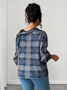 Elenzga Plus Size Navy Blue Plaid 2 In 1 Cold Shoulder Blouse, Asymmetrical Slimming Versatile Commuter Casual Traditional Top For Autumn Formal Vacation Fall - Navy Blue - View 2