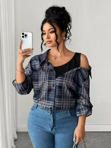 Elenzga Plus Size Navy Blue Plaid 2 In 1 Cold Shoulder Blouse, Asymmetrical Slimming Versatile Commuter Casual Traditional Top For Autumn Formal Vacation Fall - Navy Blue - View 4