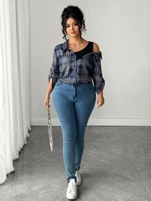 Elenzga Plus Size Navy Blue Plaid 2 In 1 Cold Shoulder Blouse, Asymmetrical Slimming Versatile Commuter Casual Traditional Top For Autumn Formal Vacation Fall - Navy Blue - View 7