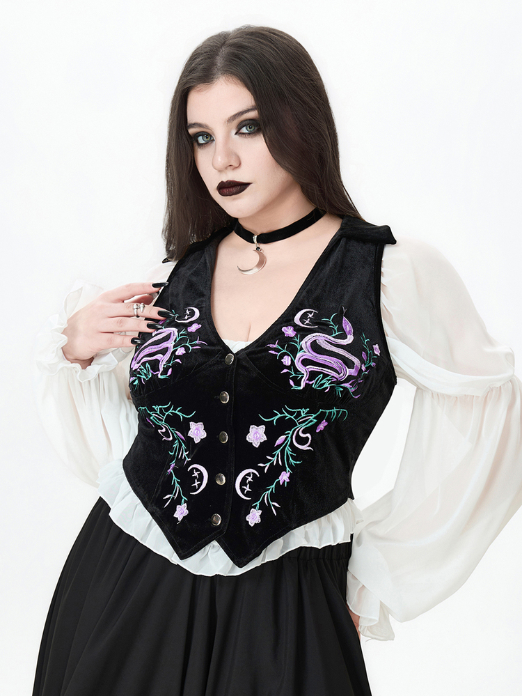 ROMWE Fairycore Plus Size Autumn/Winter Vintage Mori Style Floral Embroidered Velvet Vest - Black - View 6