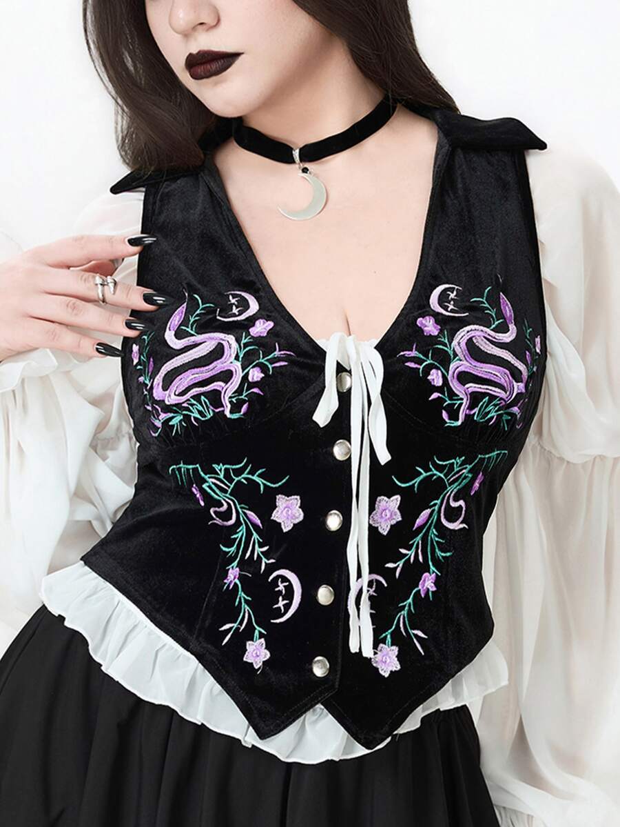 ROMWE Fairycore 大尺碼秋冬復古森系花卉刺繡天鵝絨背心 - 黑色 - 查看 1