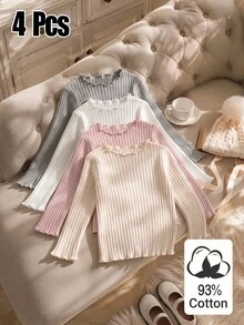 SHEIN Genkimix Kids 4pcs Girls' Autumn/Winter Cotton Ribbed Solid Color Ruffle Long Sleeve Tops, Cute T-Shirt Base Layer, Spring/Autumn, Versatile Fashion Tops Suitable For School, Vacation, Daily Wear - Multicolor - View 1