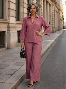 SHEIN Lady Middle-Aged Women Simple Textured Top And Casual Long Pants Set - Coral Pink - View 1